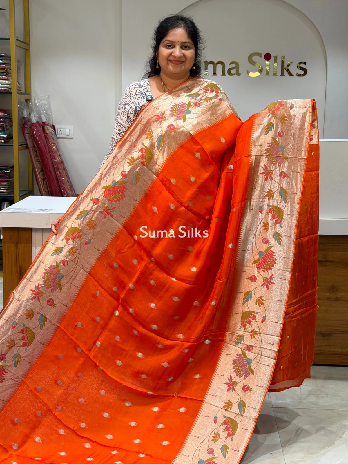 Organza Big Border Paithani Orange Color