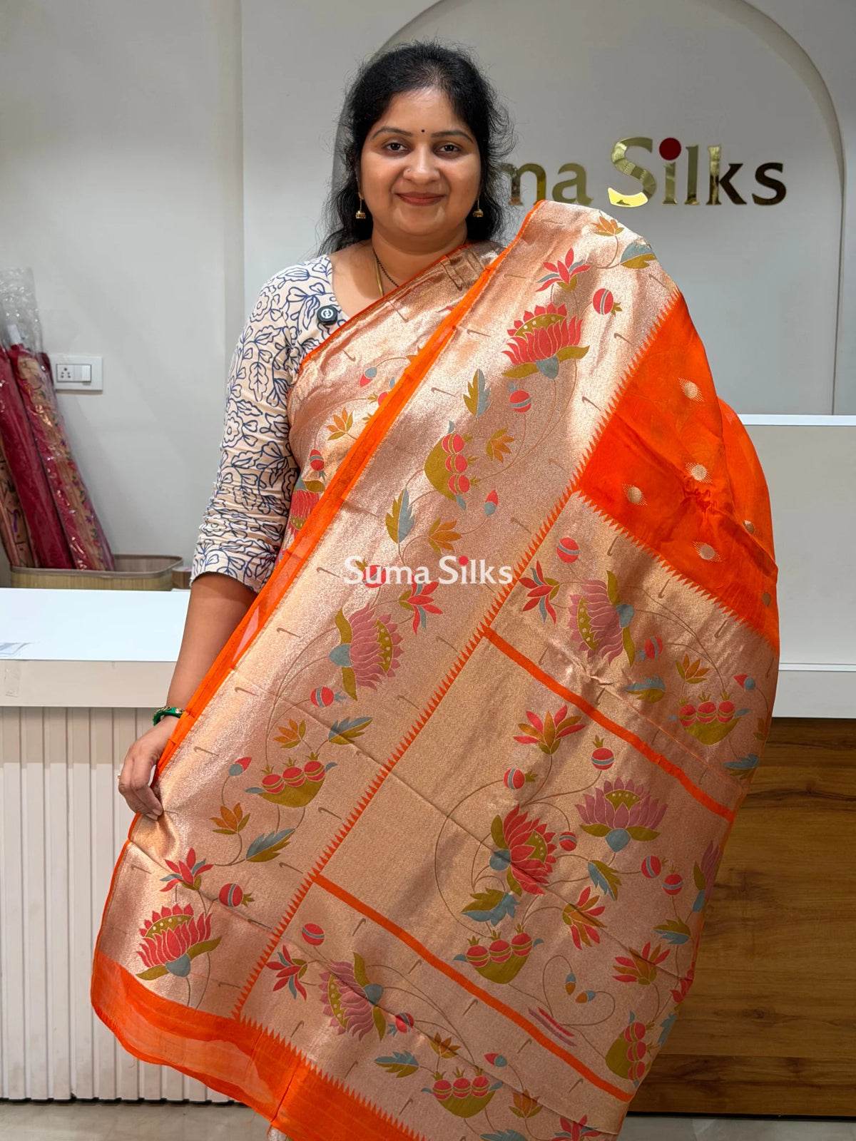 Organza Big Border Paithani Orange Color