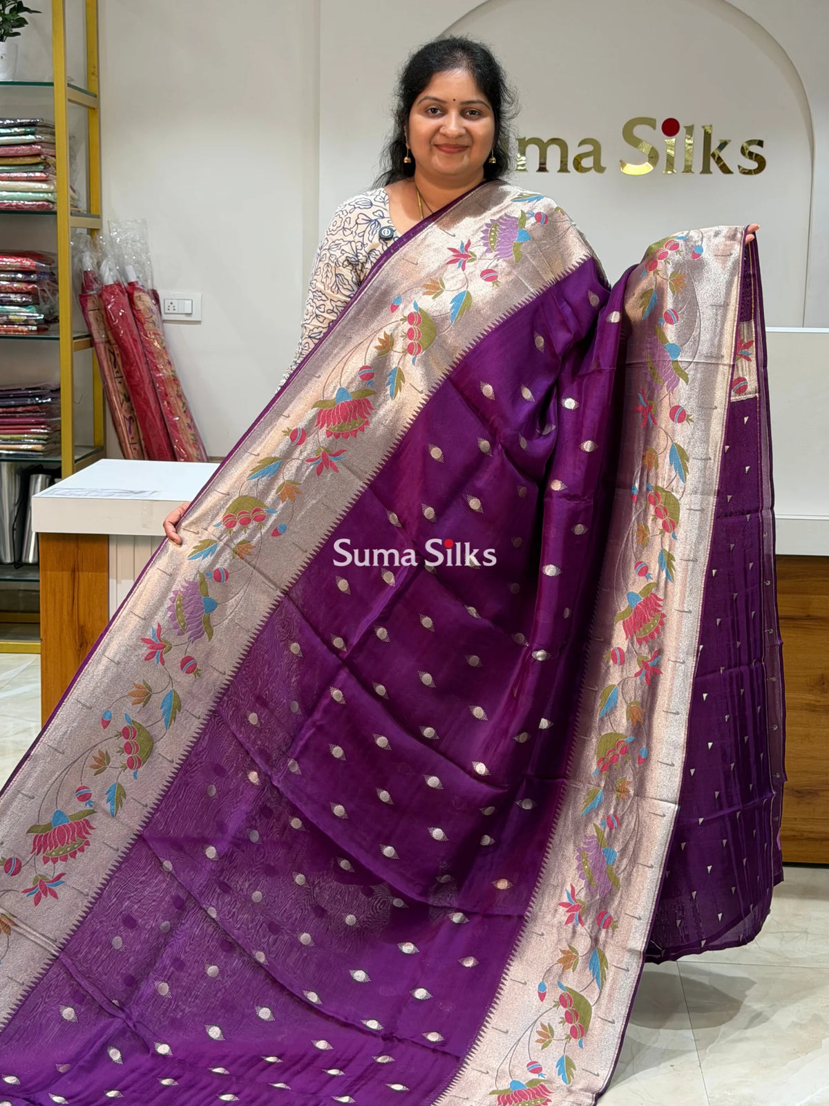 Organza Big Border Paithani Purple Color