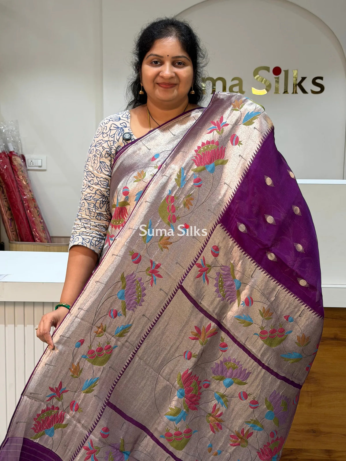 Organza Big Border Paithani Purple Color