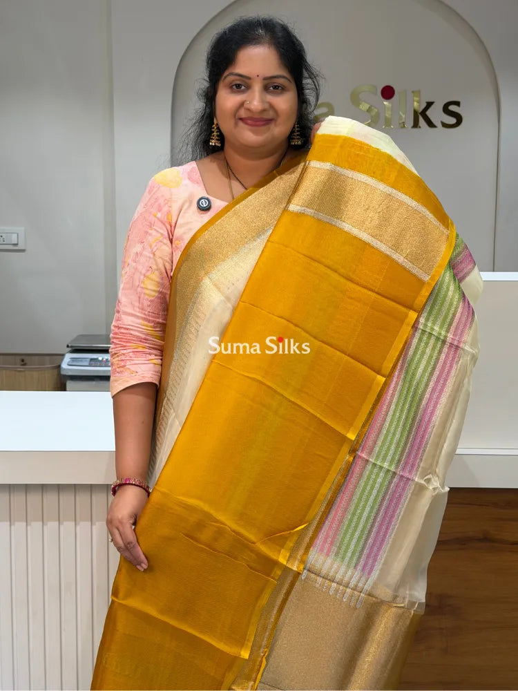 Organza Rangkat Brush Paint Saree Light Lemon Color