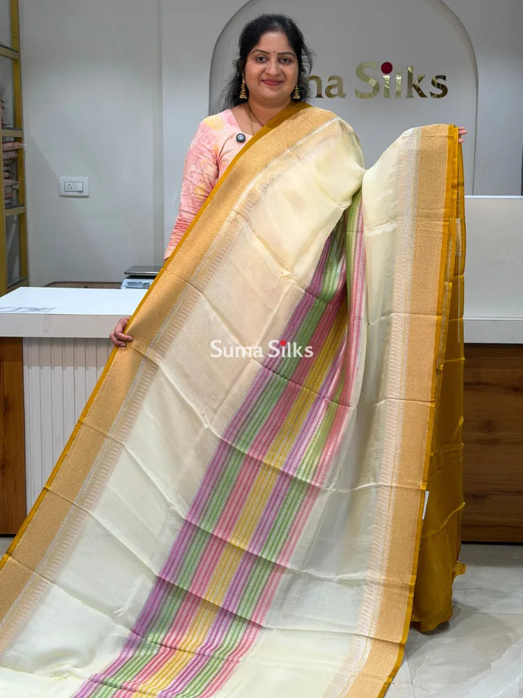 Organza Rangkat Brush Paint Saree Light Lemon Color