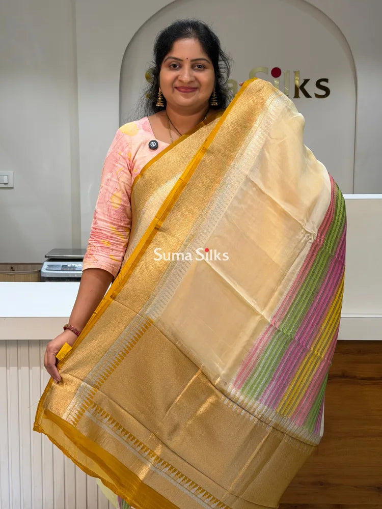 Organza Rangkat Brush Paint Saree Light Lemon Color