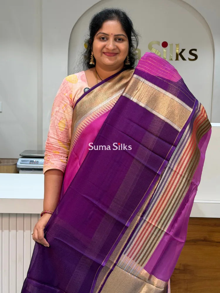 Organza Rangkat Brush Paint Saree Magenta Color
