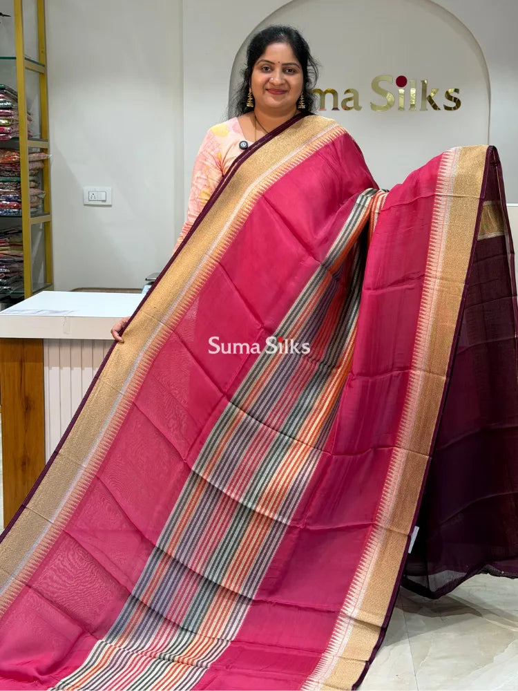 Organza Rangkat Brush Paint Saree Pink Color
