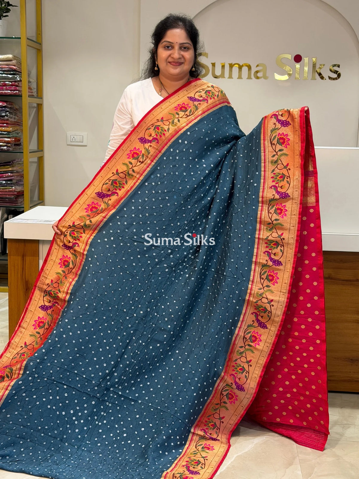 Paithani Bandhani Saree Blue Color