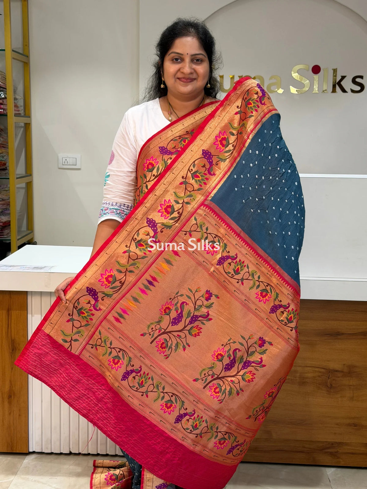 Paithani Bandhani Saree Blue Color