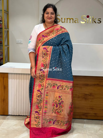 Paithani Bandhani Saree Blue Color