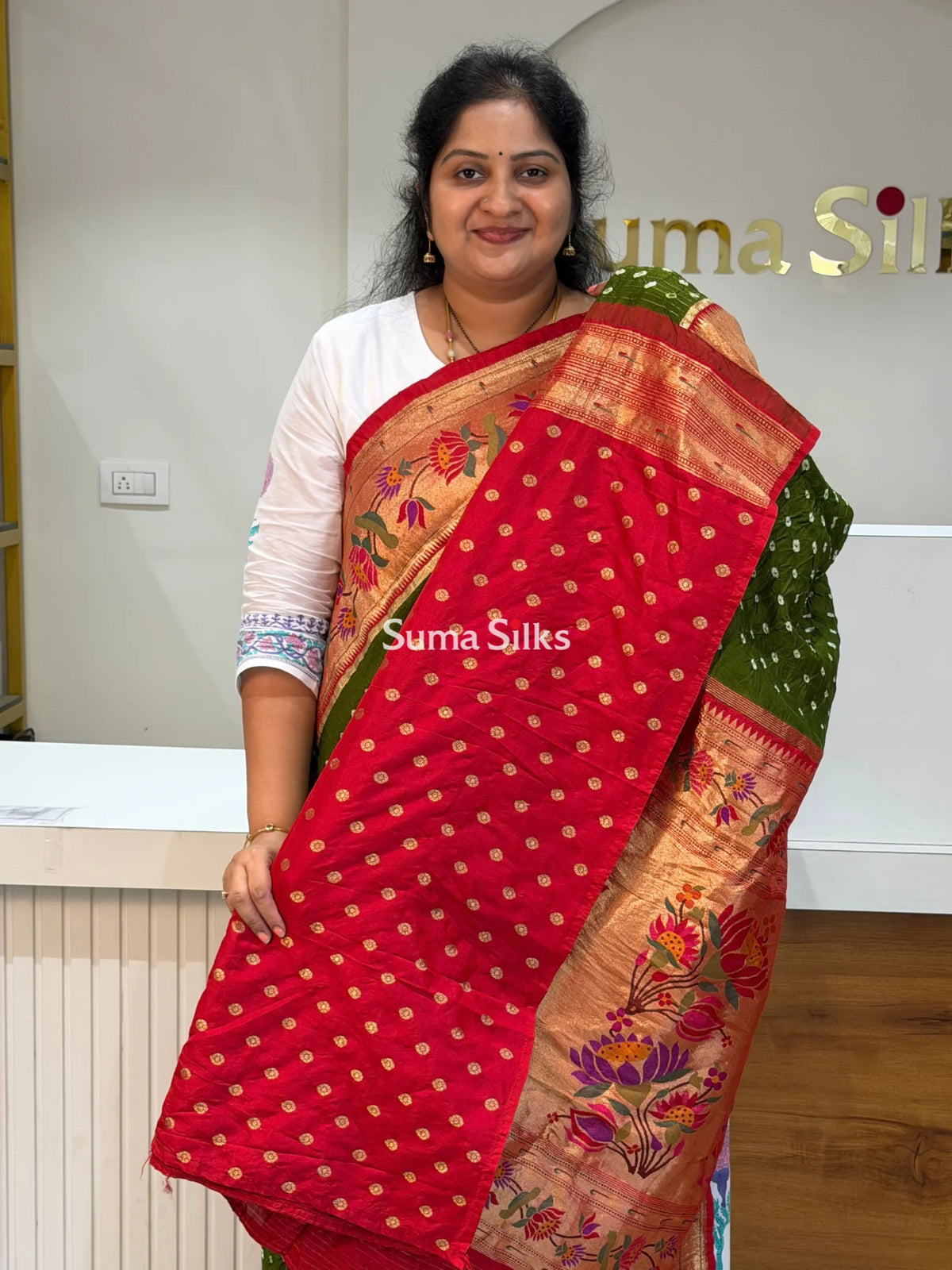 Paithani Bandhani Saree Green Color