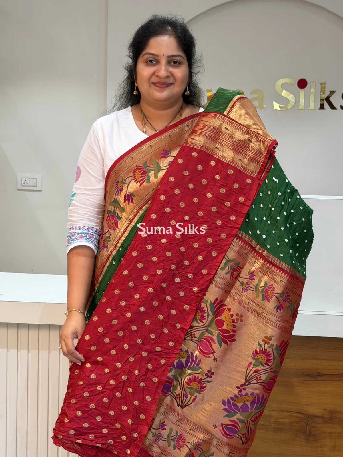 Paithani Bandhani Saree Green Color