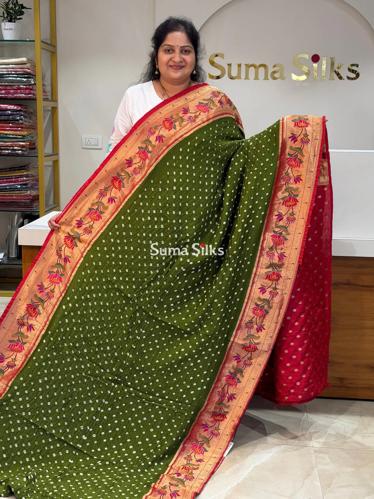 Paithani Bandhani Saree Green Color