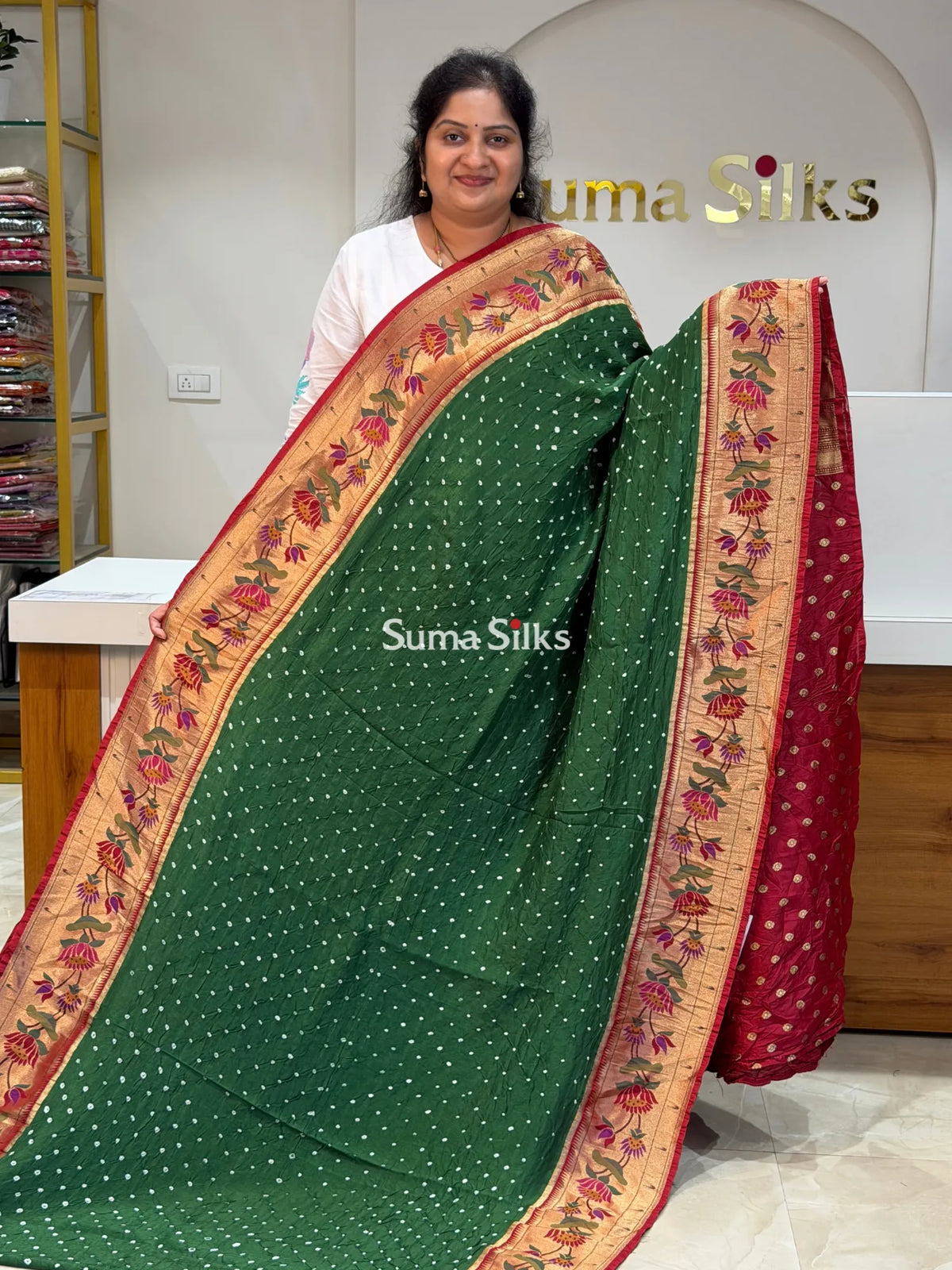 Paithani Bandhani Saree Green Color