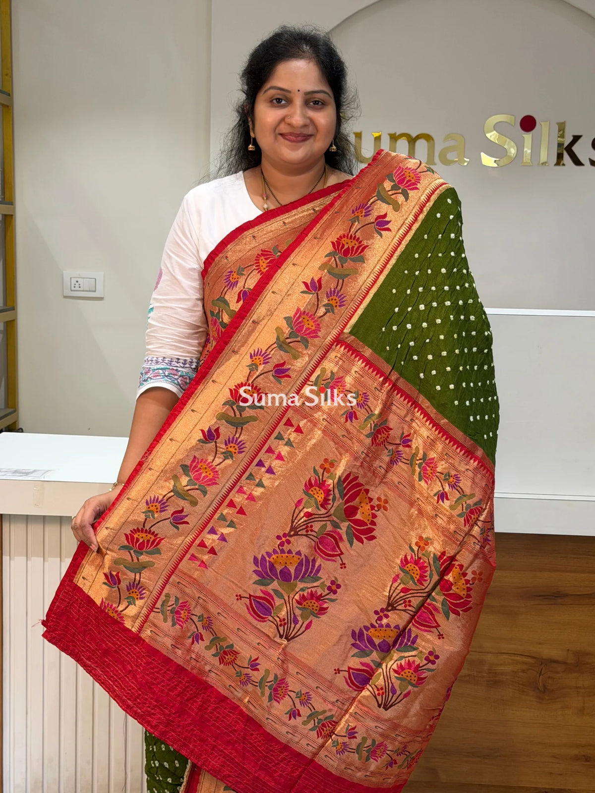 Paithani Bandhani Saree Green Color
