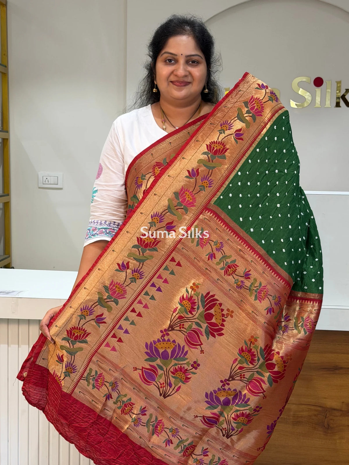 Paithani Bandhani Saree Green Color
