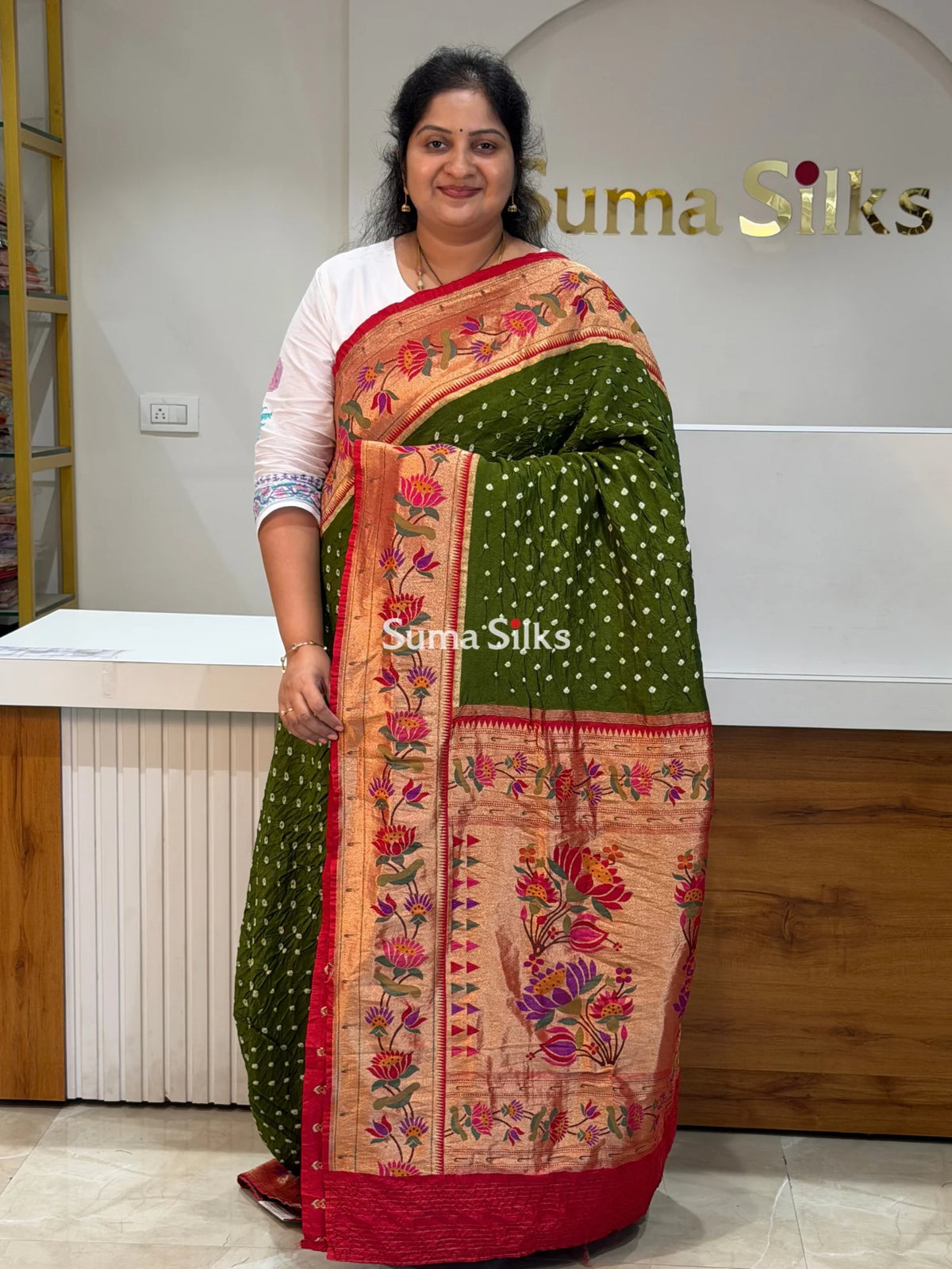 Paithani Bandhani Saree Green Color