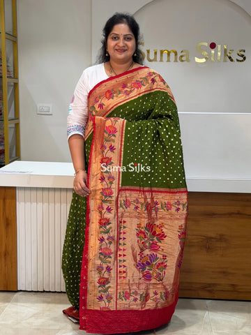 Paithani Bandhani Saree Green Color