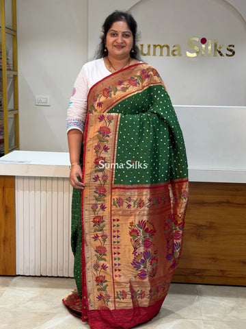 Paithani Bandhani Saree Green Color
