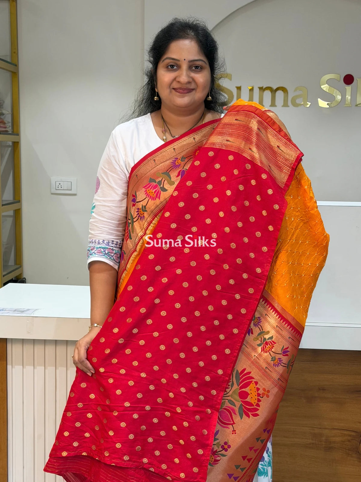 Paithani Bandhani Saree Orange Color