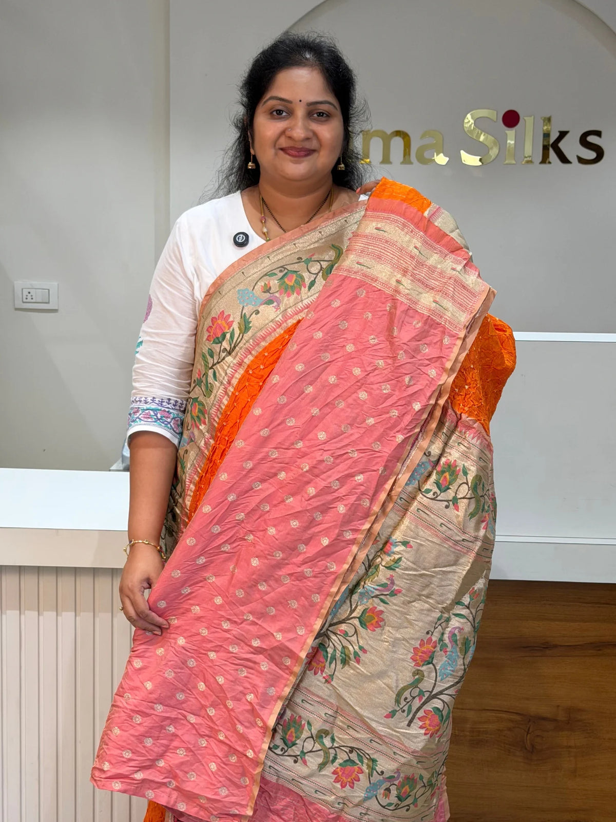 Paithani Bandhani Saree Orange Color