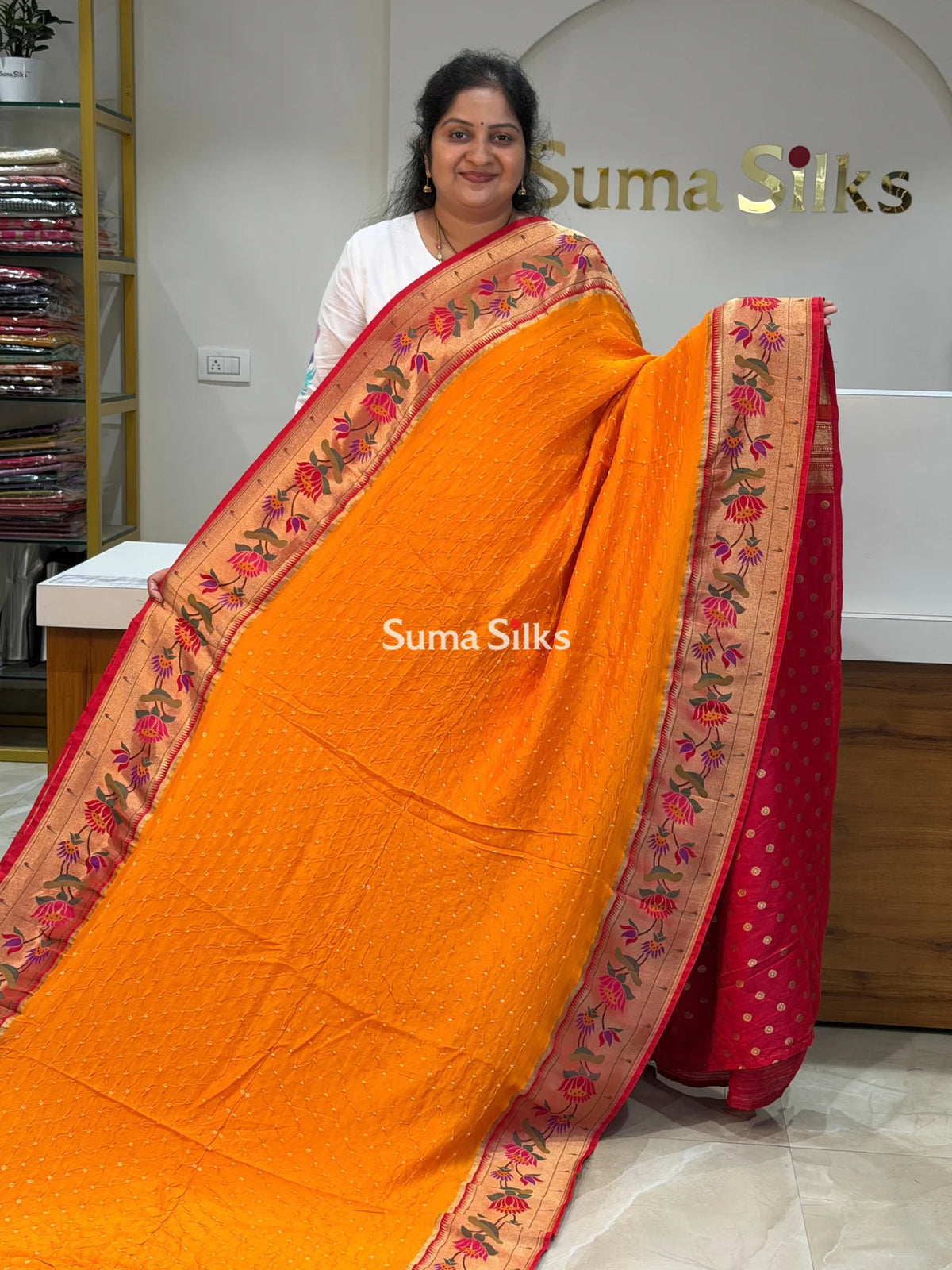 Paithani Bandhani Saree Orange Color