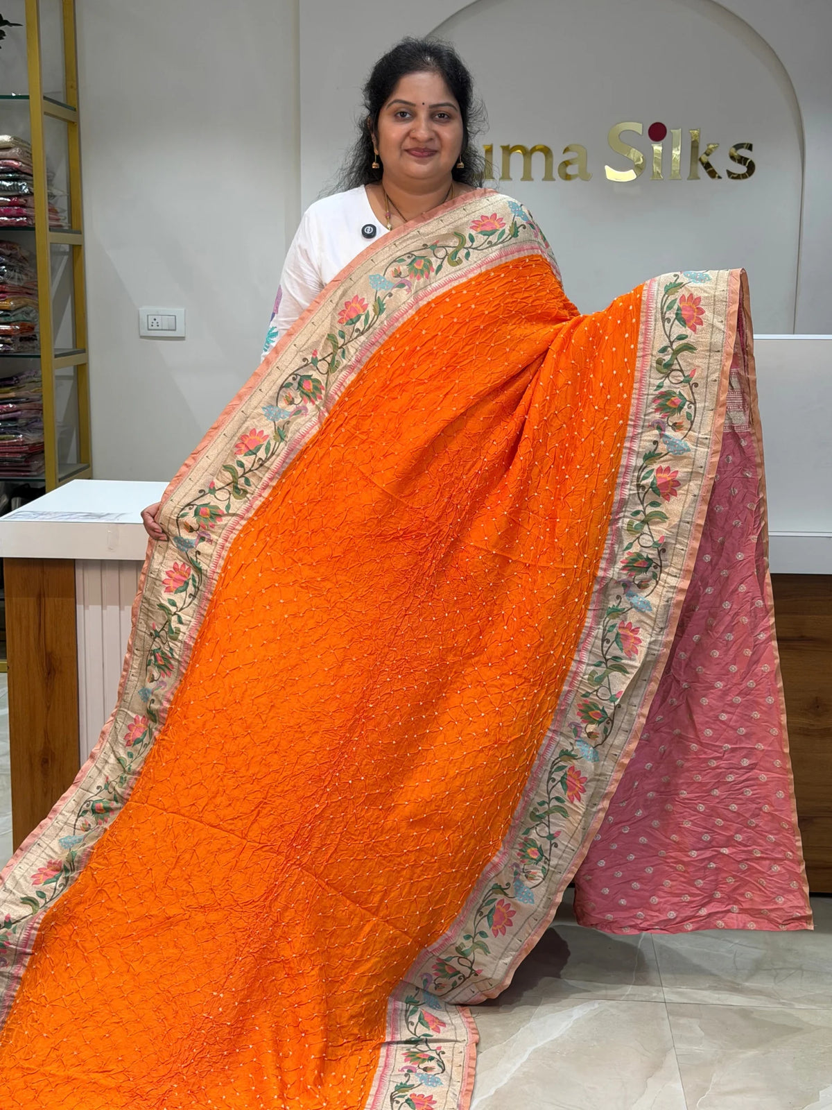 Paithani Bandhani Saree Orange Color