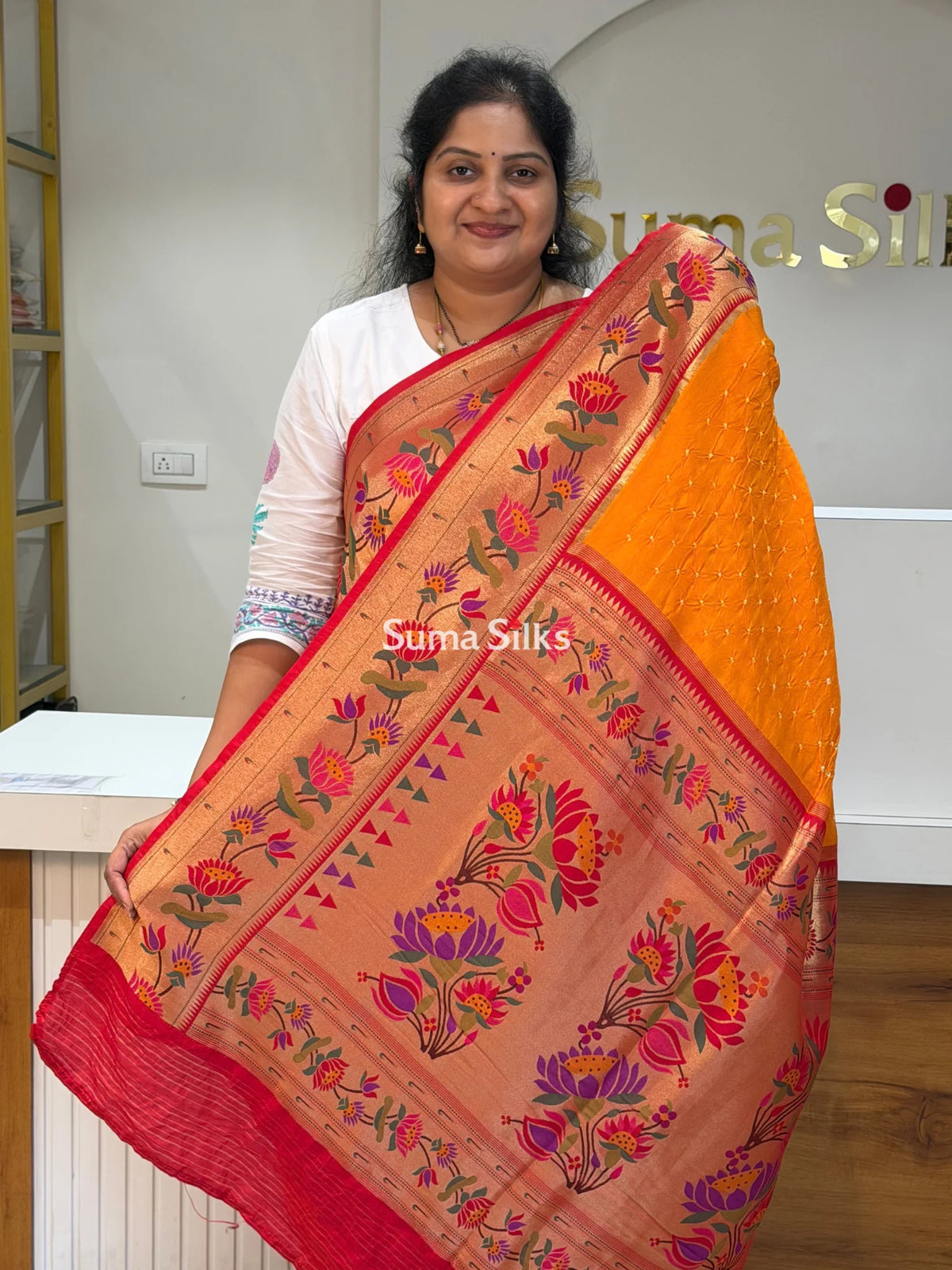 Paithani Bandhani Saree Orange Color