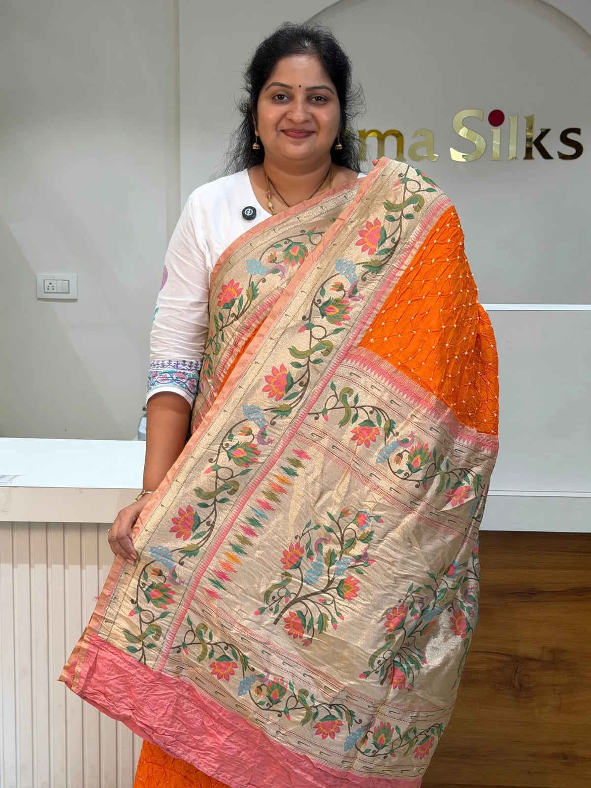 Paithani Bandhani Saree Orange Color