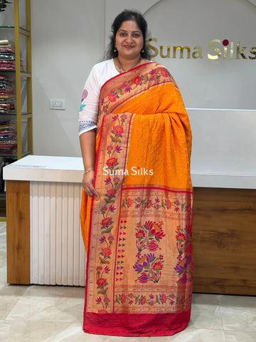 Paithani Bandhani Saree Orange Color