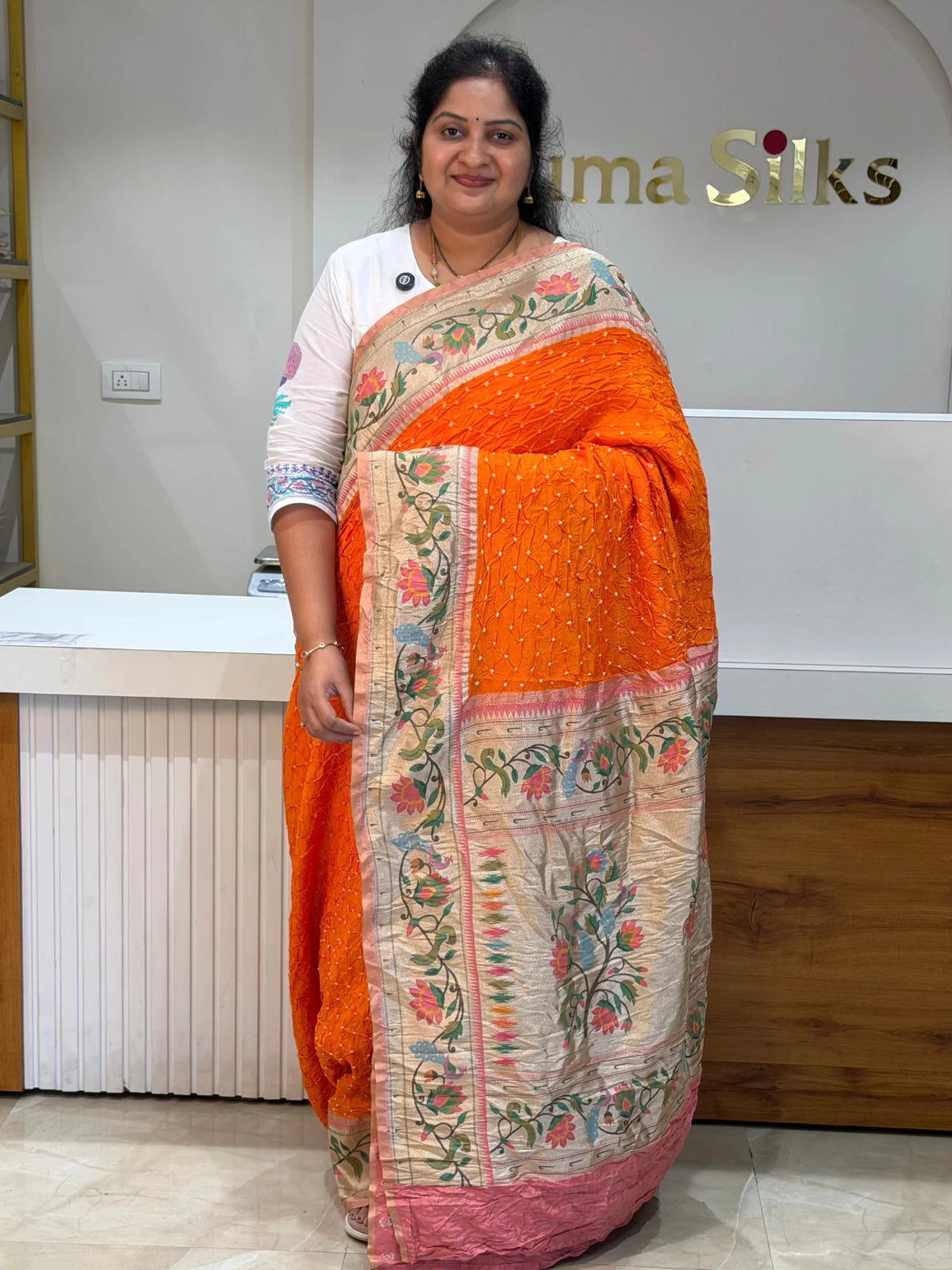 Paithani Bandhani Saree Orange Color