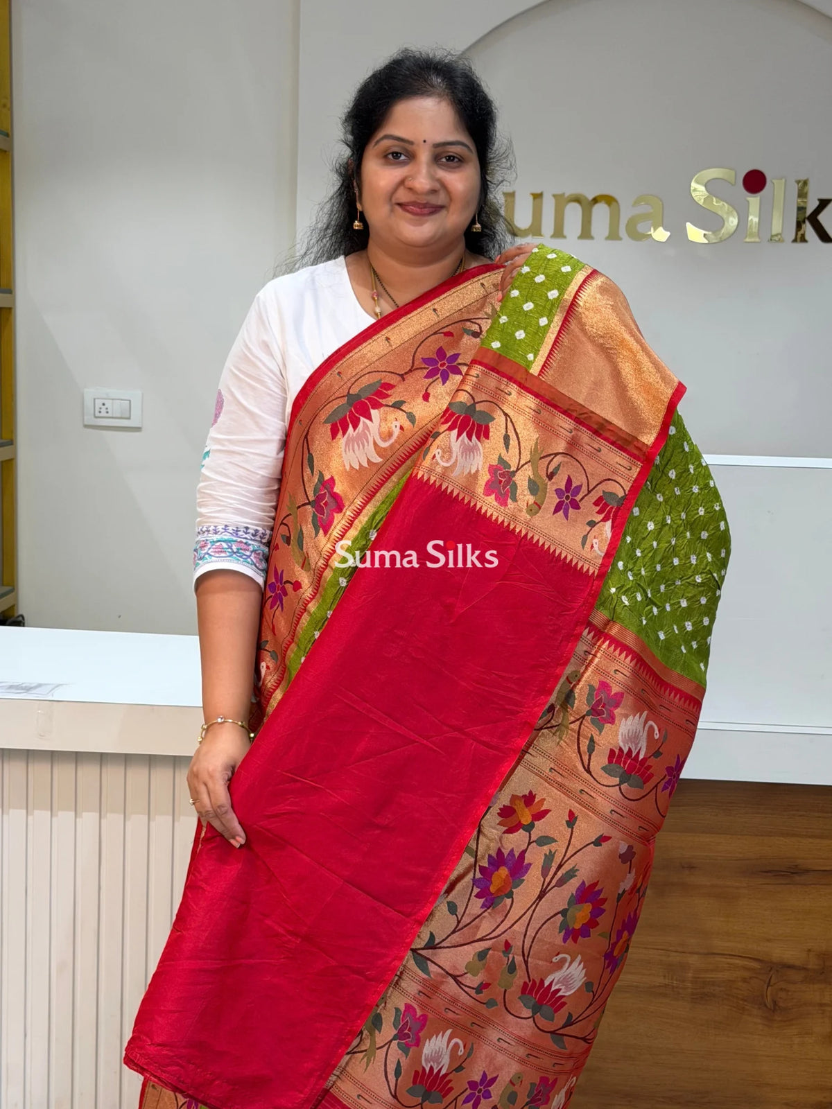 Paithani Bandhani Saree Parrot Green Color