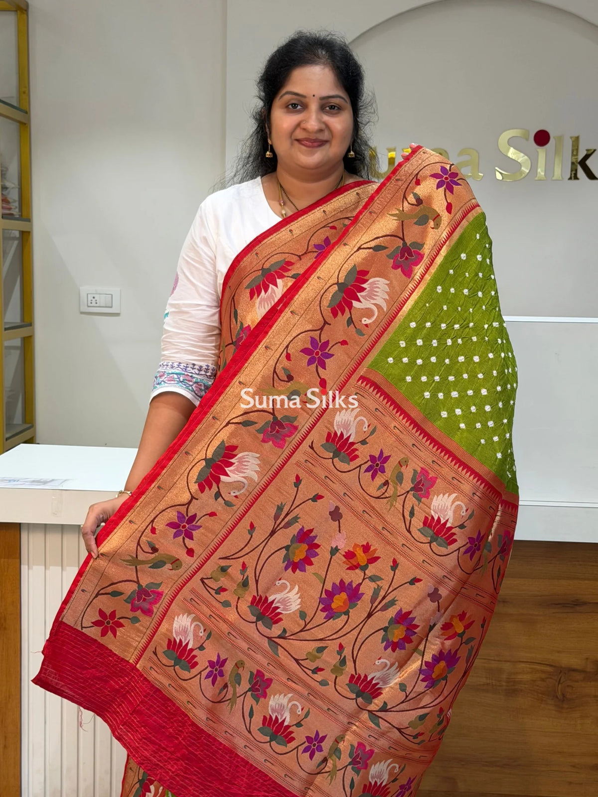 Paithani Bandhani Saree Parrot Green Color