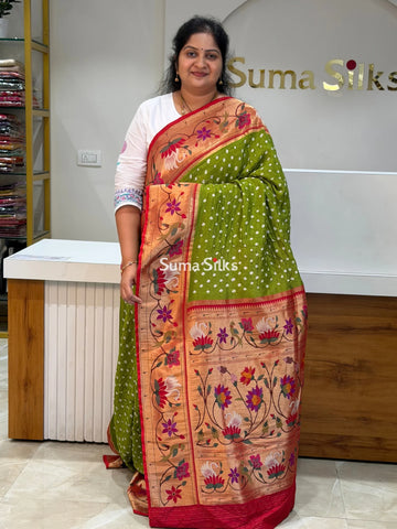 Paithani Bandhani Saree Parrot Green Color