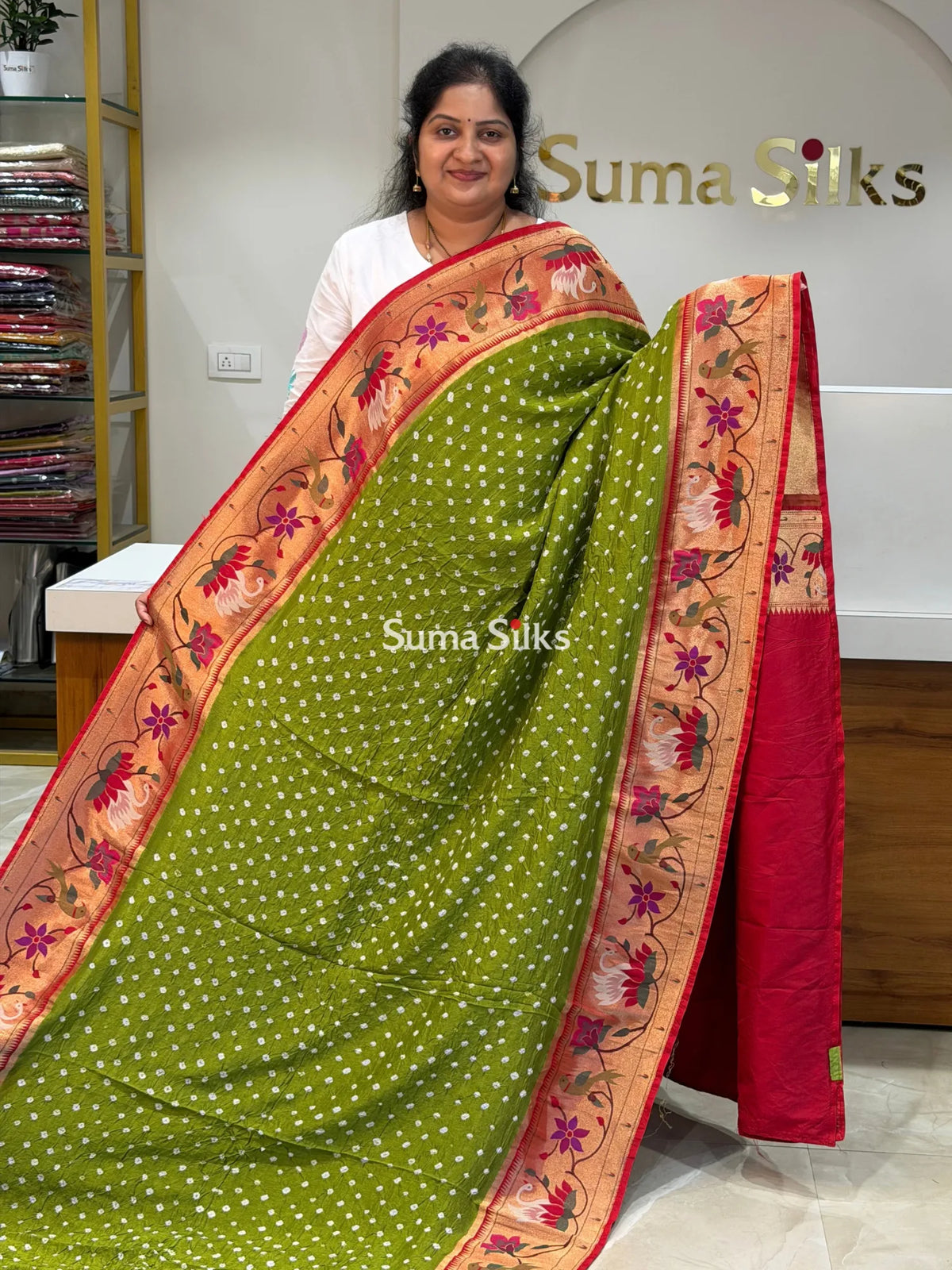 Paithani Bandhani Saree Parrot Green Color