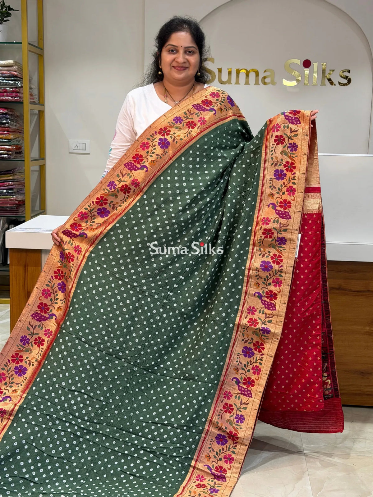 Paithani Bandhani Saree Peacock Blue Color