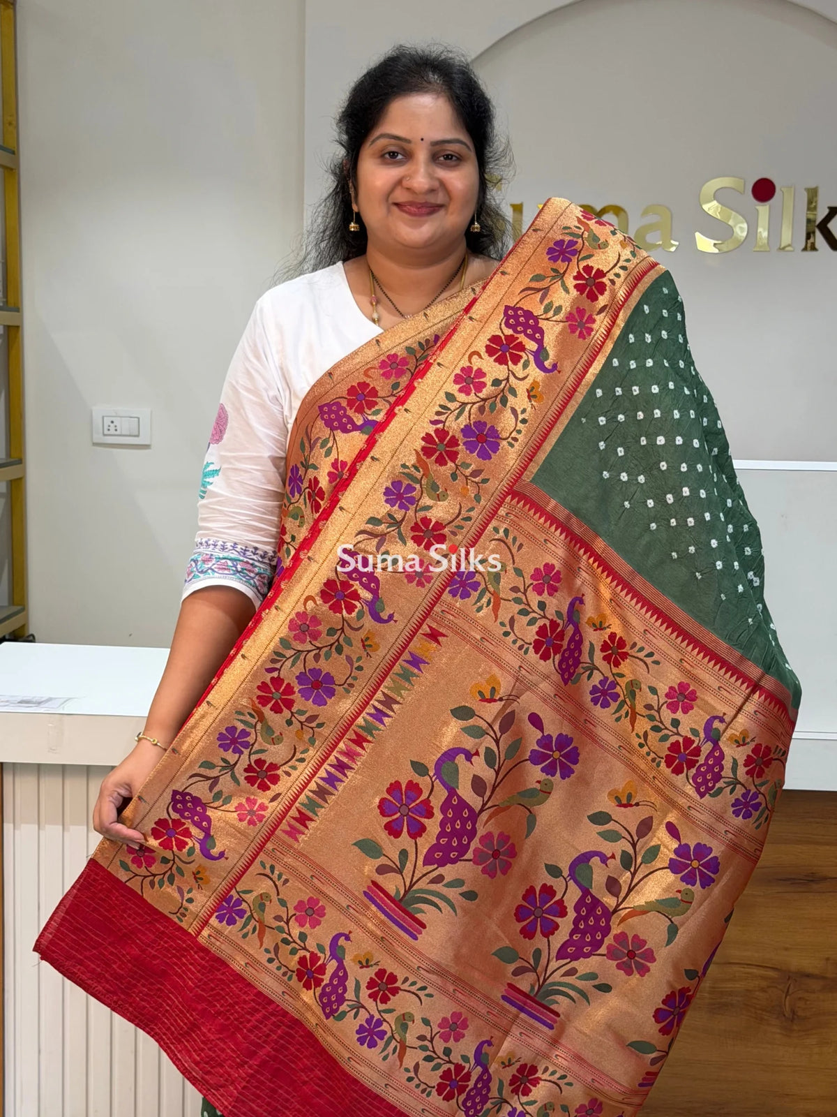 Paithani Bandhani Saree Peacock Blue Color