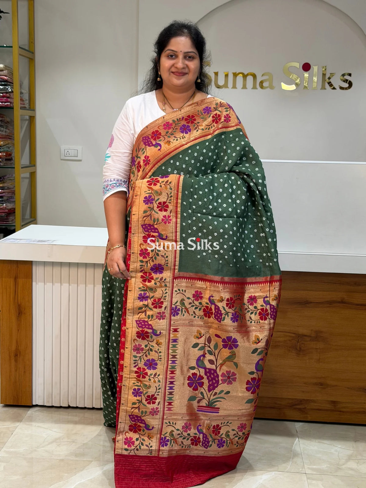 Paithani Bandhani Saree Peacock Blue Color