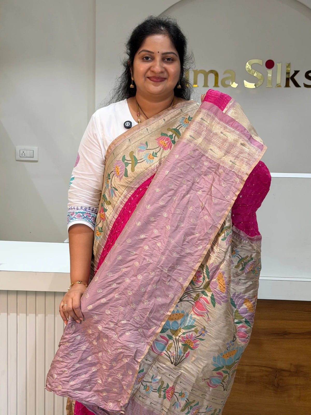Paithani Bandhani Saree Pink Color