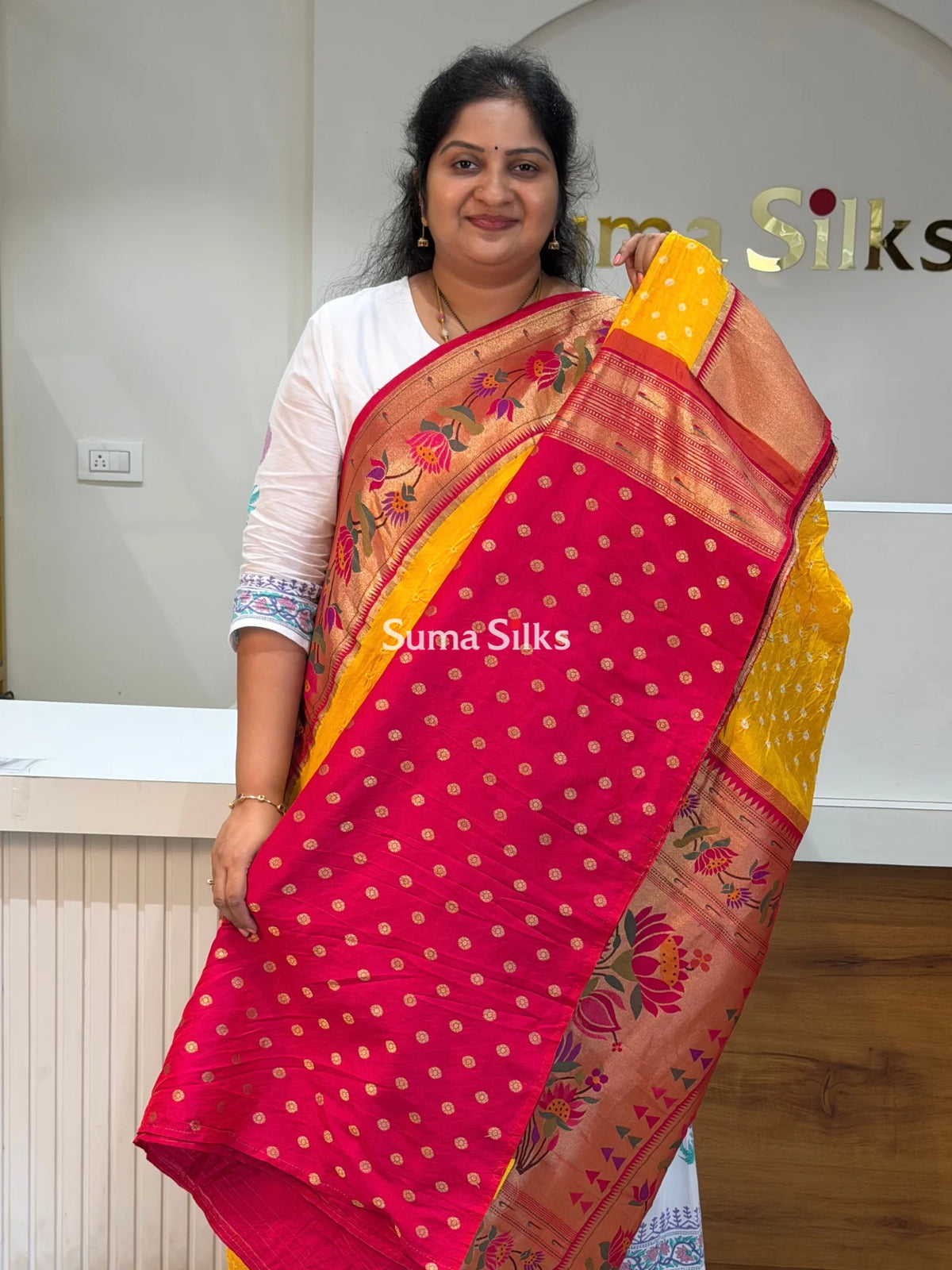 Paithani Bandhani Saree Yellow Color