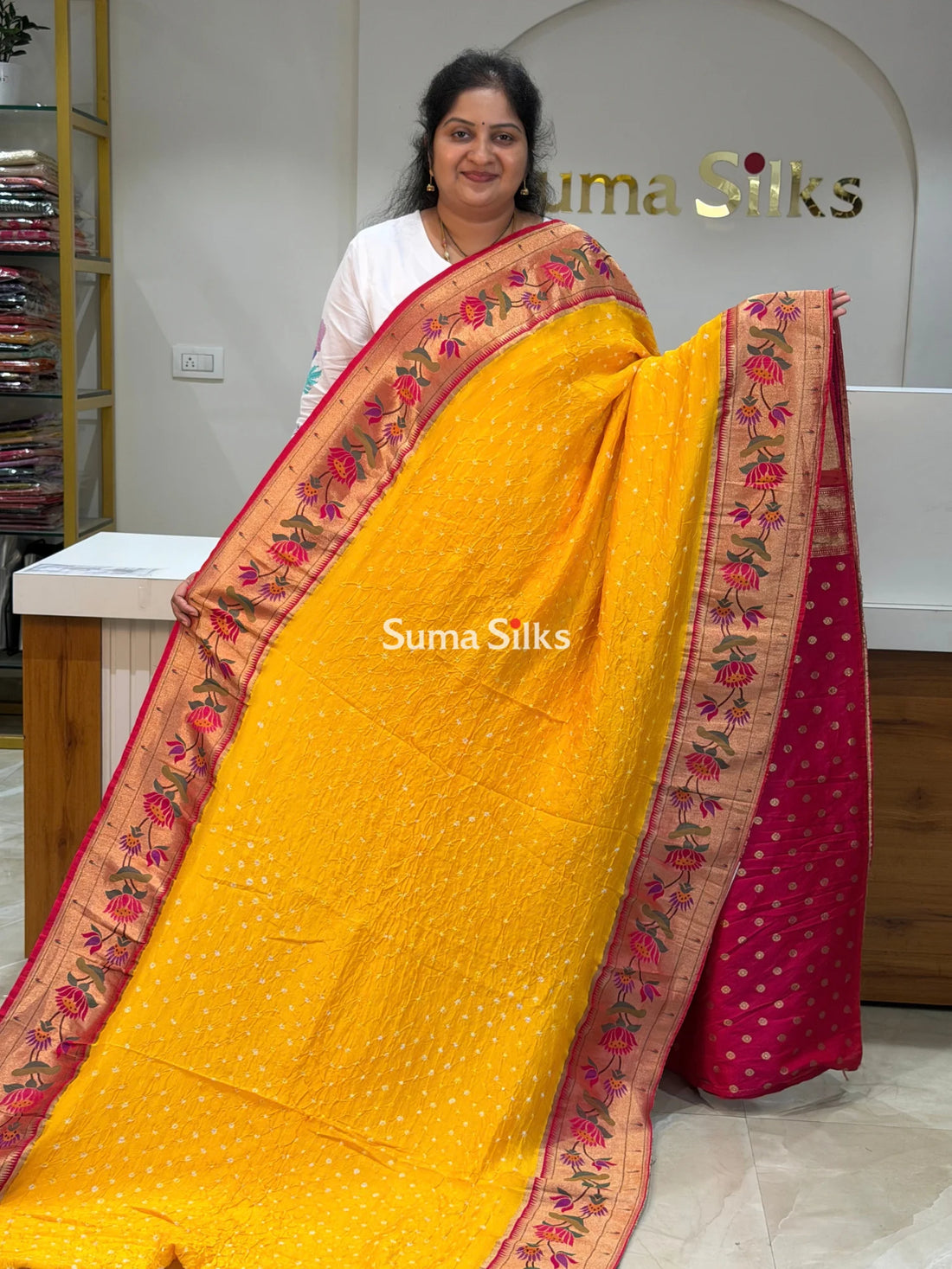 Paithani Bandhani Saree Yellow Color