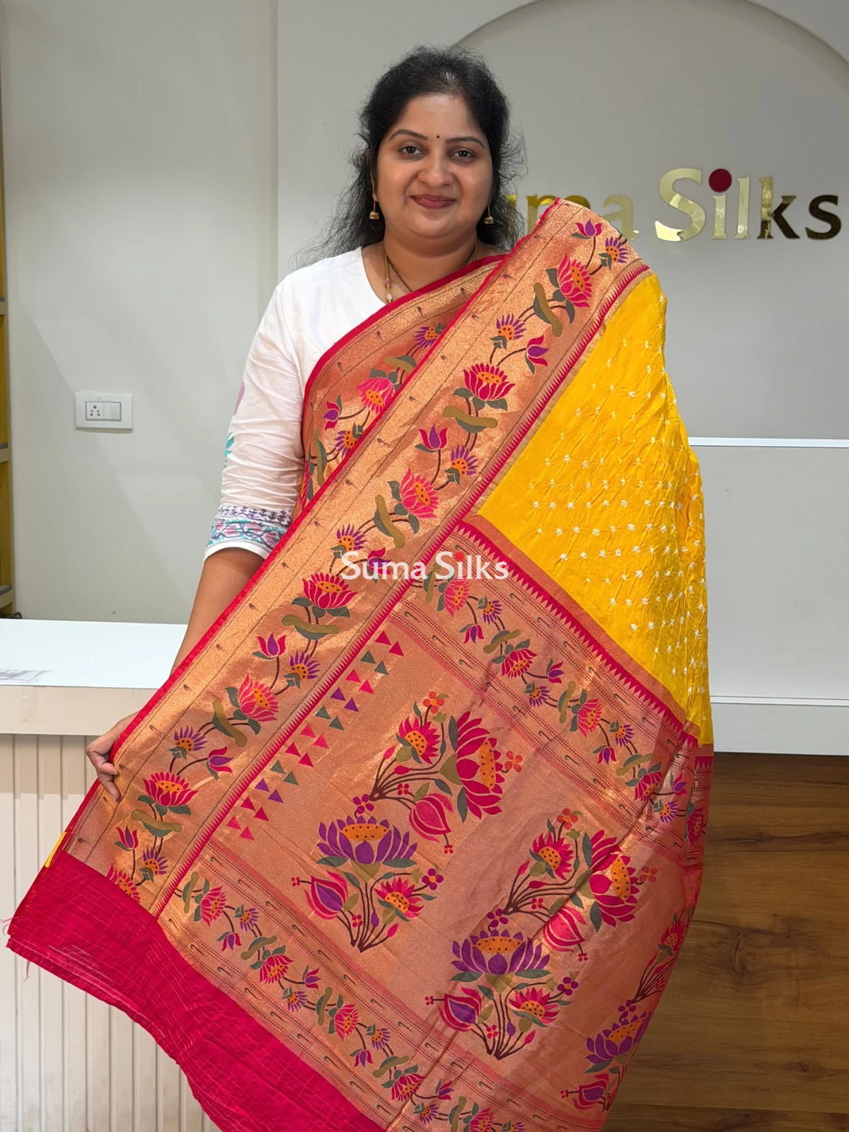 Paithani Bandhani Saree Yellow Color
