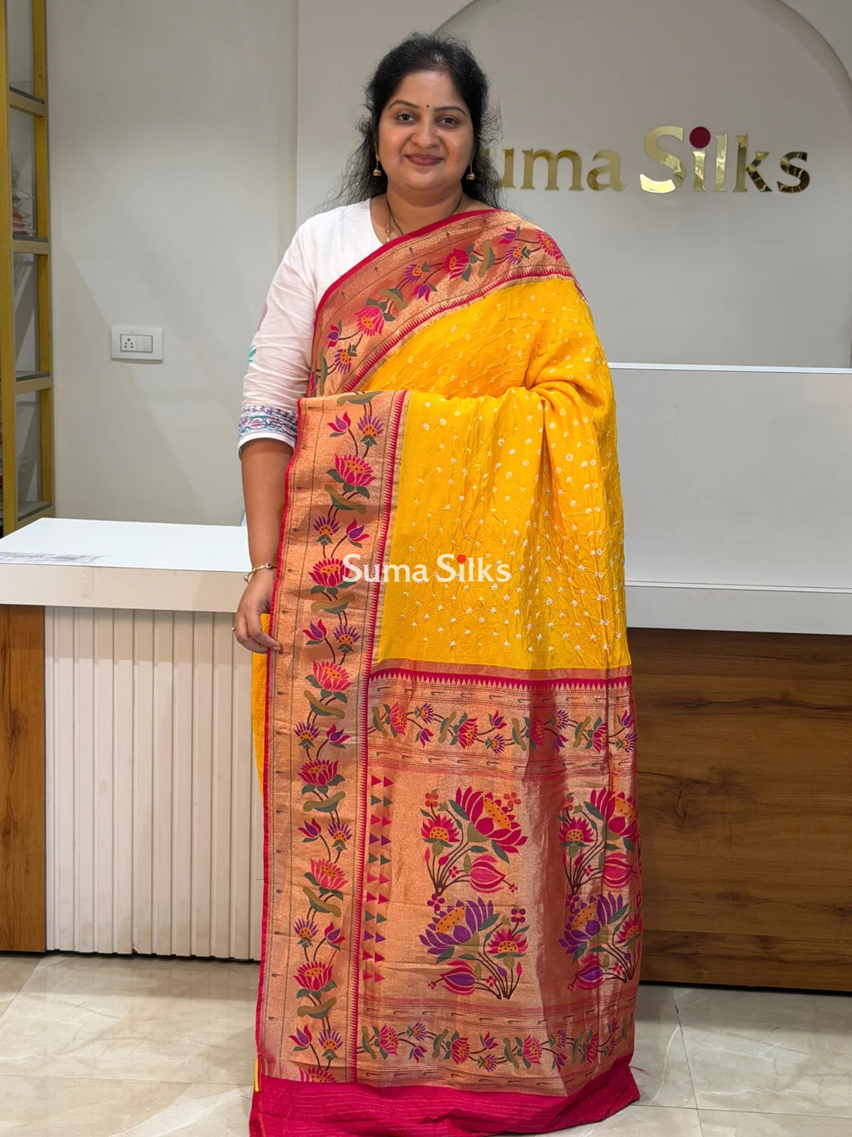 Paithani Bandhani Saree Yellow Color