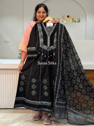 Premium Cotton Applique and Crochet Lace Work Anarkali Readymade Suit Set