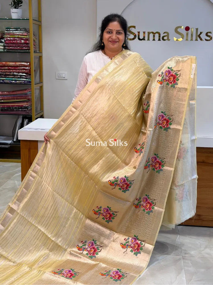 Pure Banarasi Tissue Petit Point Work Gold