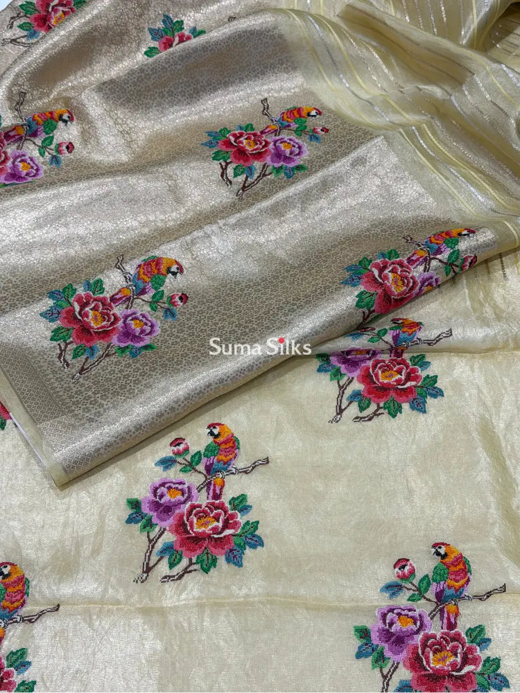 Pure Banarasi Tissue Petit Point Work Gold