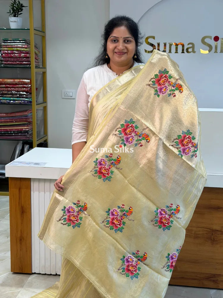 Pure Banarasi Tissue Petit Point Work Gold