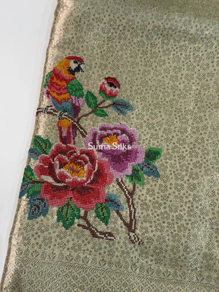 Pure Banarasi Tissue Petit Point Work Gold