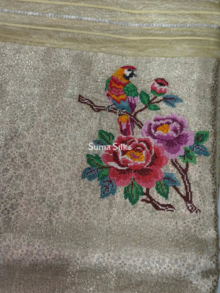 Pure Banarasi Tissue Petit Point Work Gold