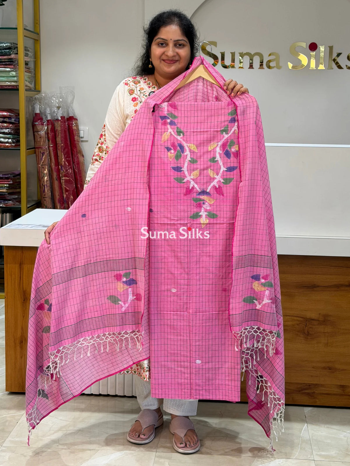 Pure Cotton Checks Dress Material Baby Pink Color