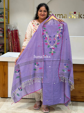 Pure Cotton Checks Dress Material Lavender Color