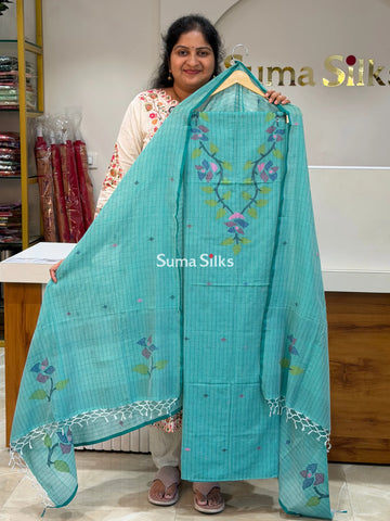 Pure Cotton Checks Dress Material Sea Green Color